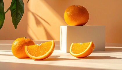 Arrangement of Oranges with Slices on White Surface in Warm Light Setting