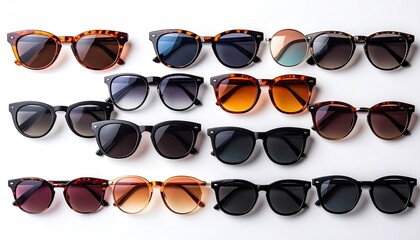Arrangement of Stylish Tortoiseshell Sunglasses in Rows on Bright White Background with Neutral Tones and Minimal Shadows For Fashion Accessories