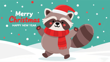 Cute Raccoon With Merry Christmas Hat Illustrator Artwork Banner Background Design Template 