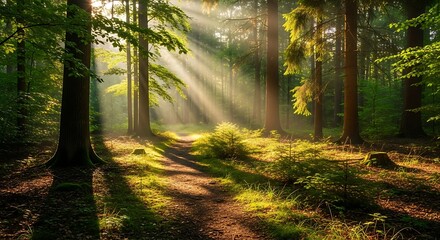Golden sun rays illuminate a serene forest path winding through lush trees