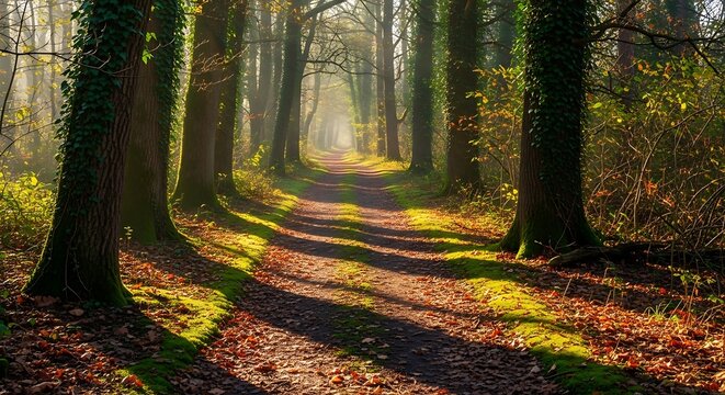 A winding path through an autumn forest with sunlight casting long shadows - Powered by Adobe