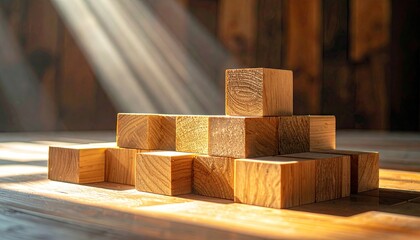 Arrangement of Wooden Cubes Illuminated by Sunlight on Tabletop with Wood Backdrop