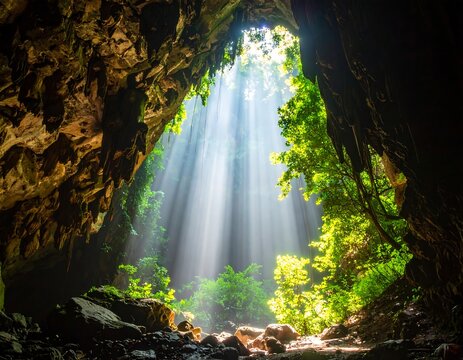 Sunbeams stream through opening of a lush cave