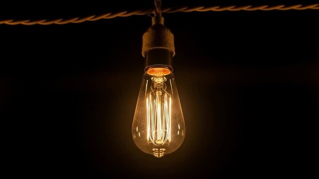 Glowing vintage bulb on brown twisted cord, against a black background