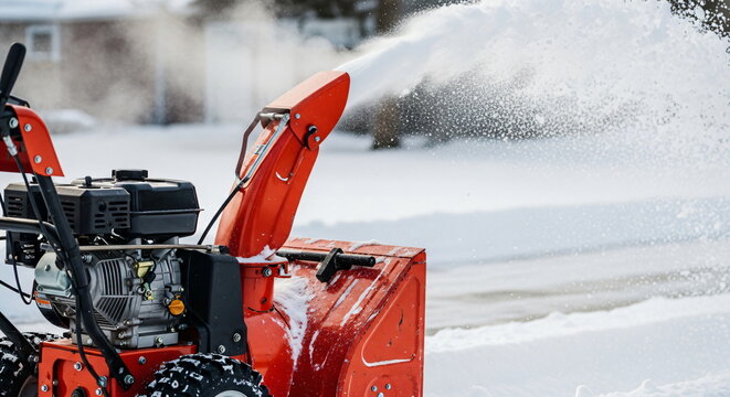 Orange snowblower machine clearing snow from a driveway, winter weather cleanup and outdoor maintenance footage.