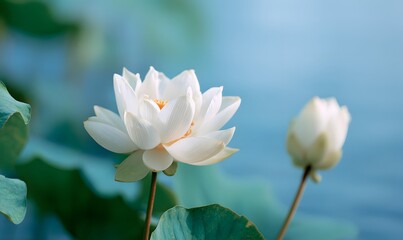 Obraz premium white lotus with pure white petals, one completely open and complex structure, the other flower bud shaped with large leaves