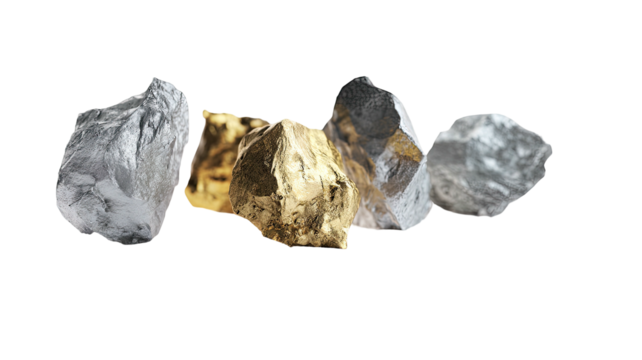 Metallic nuggets silver and gold rocks, isolated against black ground