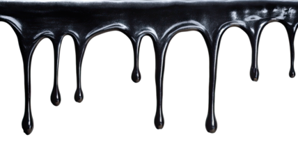 Glossy, dark fluid dripping downwards against a stark black background