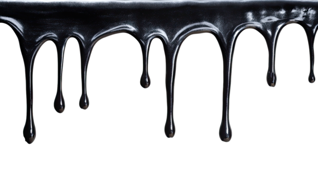 Glossy, dark fluid dripping downwards against a stark black background