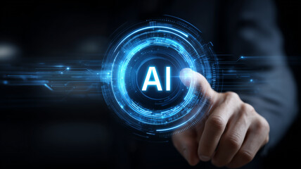 Finger activating an AI interface to illustrate automation, decision support and digital transformation.
