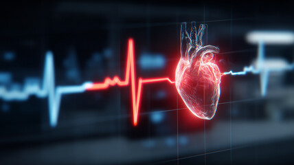 Digital heart with an electrocardiogram line symbolizing cardiology monitoring, arrhythmia detection and patient care.
