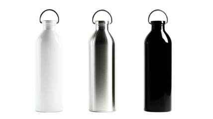 Three bottles in white, silver, and black, caps on, against black