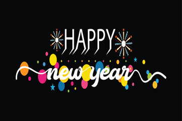 Happy new year text with colorful bokeh lights and fireworks on black background