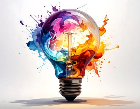 A creative conception. A lightbulb rendered with colorful paint splatters inside, and exploding outward