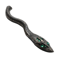 Serpentine Charm: A meticulously crafted serpent statue of shimmering metal, adorned with lustrous emerald eyes and intricate scales, sits in elegant repose.