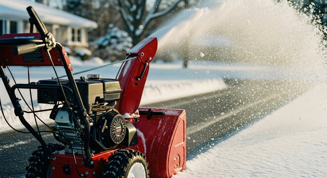 Orange snowblower machine clearing snow from a driveway, winter weather cleanup and outdoor maintenance footage.