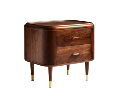 Brown wood bedside table with rounded corners, 2 drawers, and legs