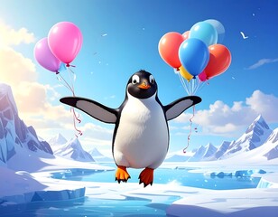 Penguin floats with colorful balloons above snowy mountains