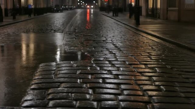 A close-up view of a wet, reflective cobblestone street at night, with distant city lights and blurry figures.