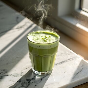 Matcha Latte Glass on Marble Slab with Steam. Portrait-style shot of green matcha latte with real froth and morning sunlight&mdash;fresh and natural.
