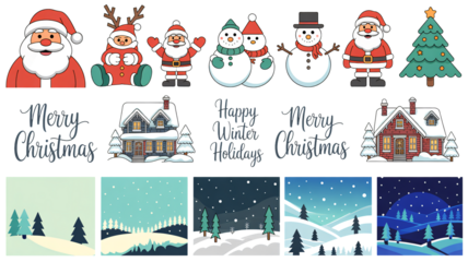 Festive winter holidays, Santa, snowman, reindeer, cottages for Christmas cards