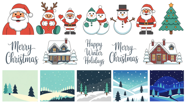 Festive winter holidays, Santa, snowman, reindeer, cottages for Christmas cards