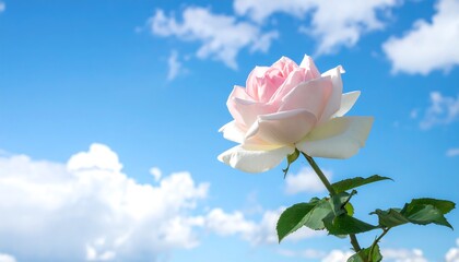 A delicate pale pink rose in full bloom, set against a bright blue sky filled with fluffy white clouds, showcasing nature