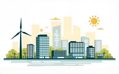 Obraz premium Eco friendly city landscape flat outline graphic sketch. Skyscraper real estate building with solar panel and wind turbine alternative power sources generator silhouette vector illustration.