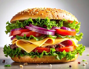 Appetizing Burger Stack with Fresh Vegetables Cheese and Sesame Bun on Grey Surface Full View