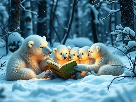 Polar bear mom reads to her woodland cubs in a snowy forest setting ,  squirrel,  forest