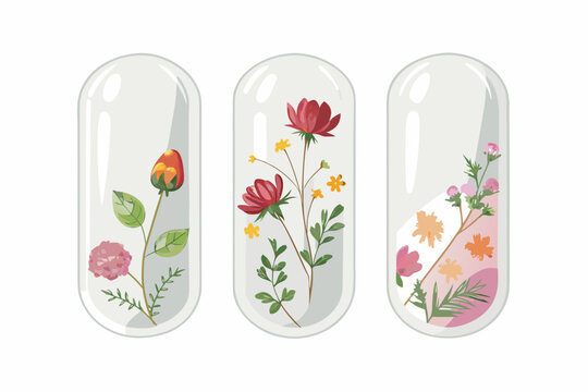 Clear glass nails with encapsulated dried flowers, transparent nail art on white background