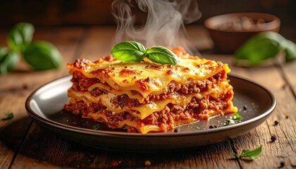 Appetizing Lasagna on Black Plate with Fresh Basil Steam and Wooden Table Close Up View Selective Focus Homemade Italian Cuisine