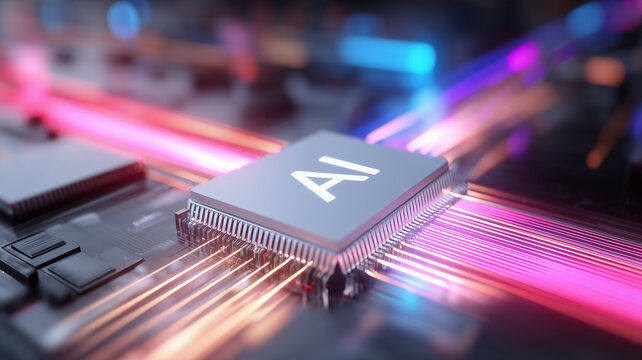AI processor accelerating data throughput across a board, representing fast inference, parallel processing, and scalable computing.
