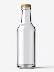 Fototapeta premium Food packaging mockup featuring glass bottle placed on a minimal white surface background, natural daylight, rustic and minimal aesthetic, photorealistic, high detail, soft shadows, focus on clean