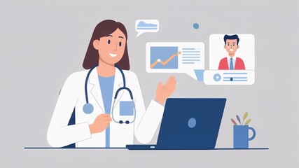 A smiling female doctor wearing a stethoscope conducts a telehealth consultation with a male patient via laptop in a flat, light gray, digitally-created office setting. - Powered by Adobe