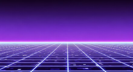 Retro futuristic neon grid landscape with purple sky and glowing horizon