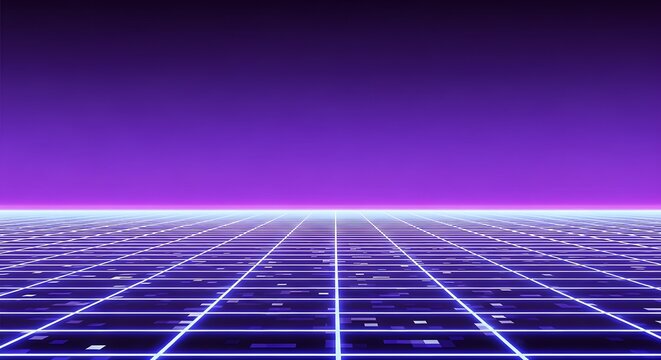Retro futuristic neon grid landscape with purple sky and glowing horizon