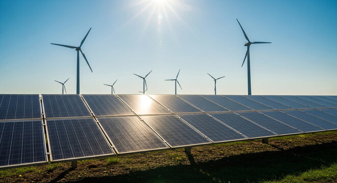 Wind turbines and solar panel field generating clean electricity. Renewable green energy production for sustainable future footage.