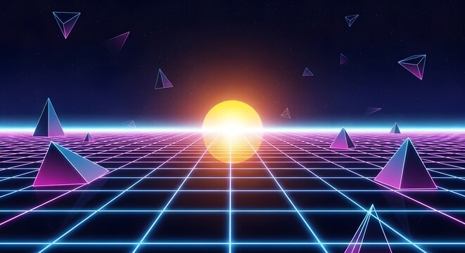 Retrofuturistic grid landscape with glowing orb and geometric shapes