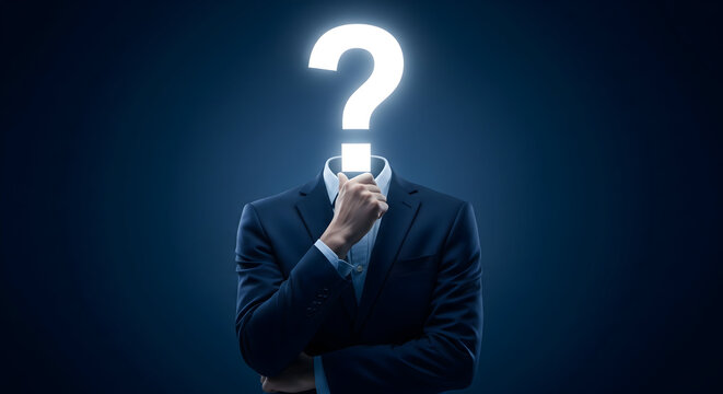 Anonymous business leader contemplates innovative solutions with question mark head, perfect for brainstorming, investment decisions, and strategic planning