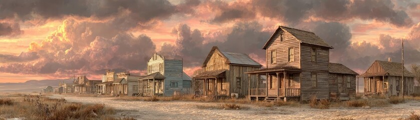 Obraz premium Empty street in old wild west wooden town concept. Abandoned old west town with rustic buildings and dramatic sky.