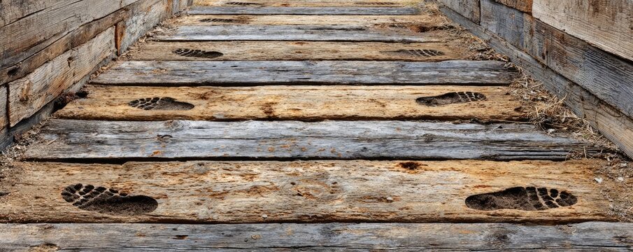 Western background design with grunge texture concept. A weathered wooden path adorned with distinct footprints.