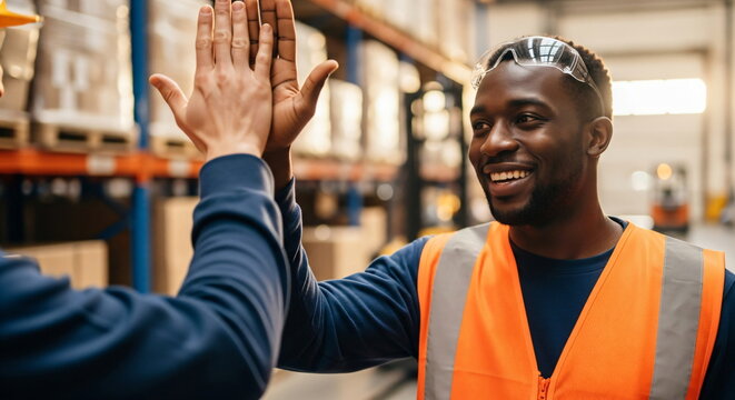 Smiling black man giving his colleague high five at warehouse, celebrating success teamwork, partnership footage.