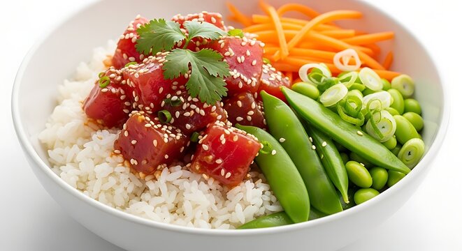 Ahi tuna poke bowl with rice and vegetables isolated on white background - Powered by Adobe