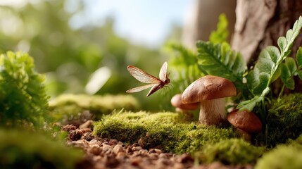 Magical forest nymph, flying with wings spread, in a glowing mushroom forest, glowing rim light, hyper-realistic, joyful, muted earth tones, bokeh background, 85mm, delicate wings, high detail,
