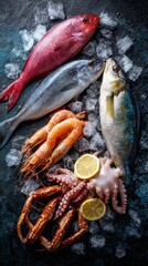 Top view of seafood assortment--fish, shrimp, squid, and crab--arranged neatly on ice, isolated on dark background, studio lighting, 8k