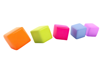 Five colorful, glossy cubes lined up against a dark background