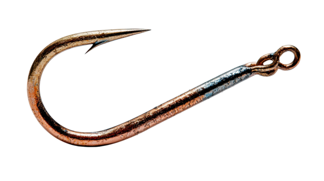 Copper fish hook against black background, curved, sharp, with eyelet