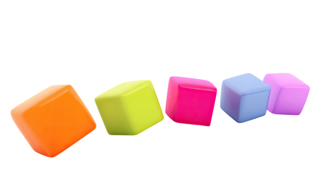 Five colorful, glossy cubes lined up against a dark background