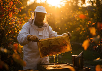 Beekeeper harvesting honeycomb outdoors